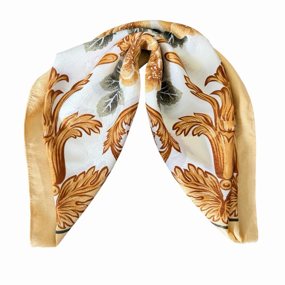 Vintage Baroque Floral Scarf Gold Cream Satin Square Head Neck Wrap - Picture 6 of 8